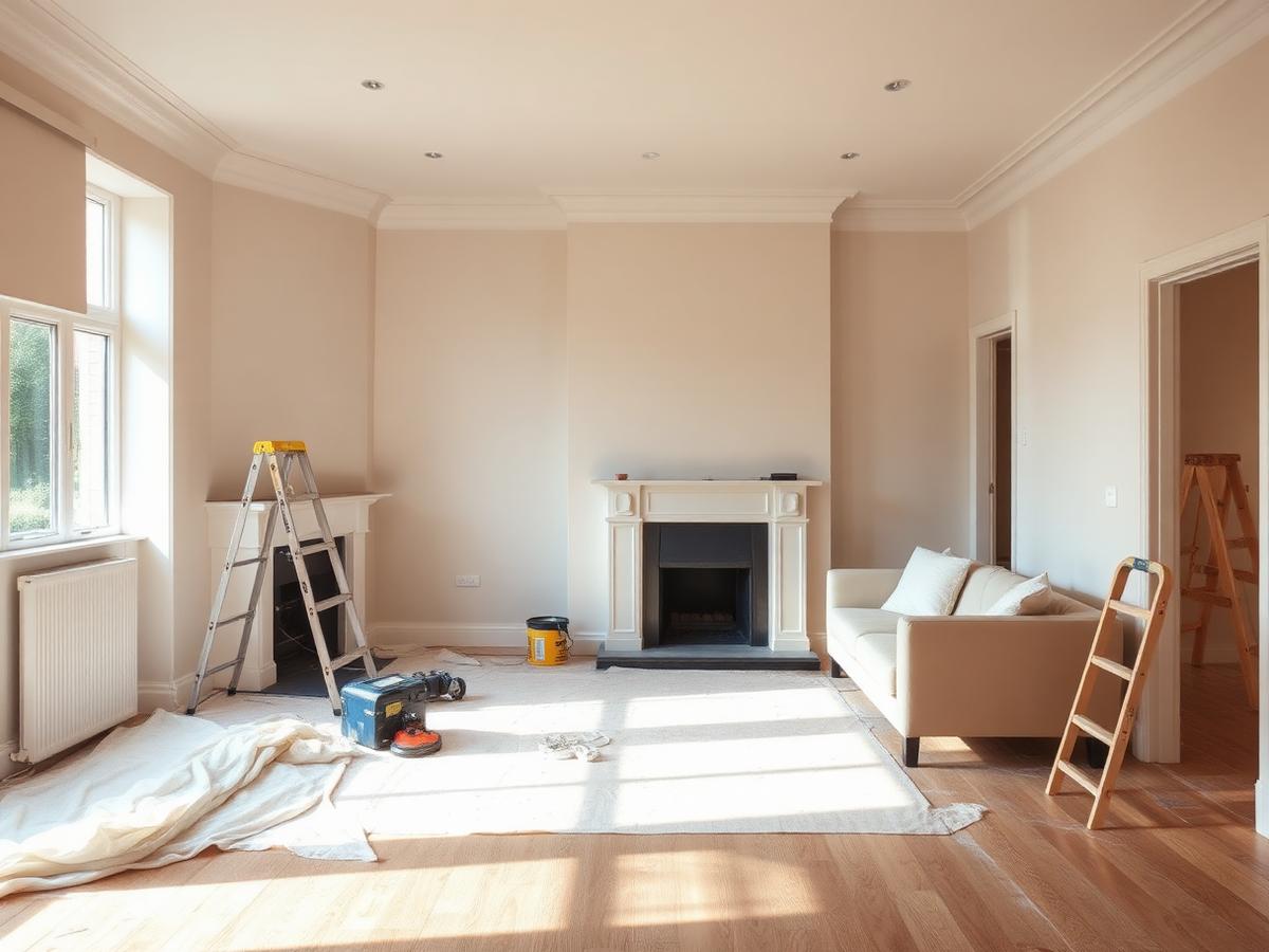Residential refurbishment in progress with newly plastered walls and new flooring